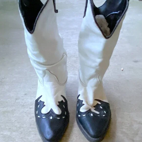 Vintage 1970s Womens Black and White Leather Mid Calf Cowboy Boots - Picture 10 of 10